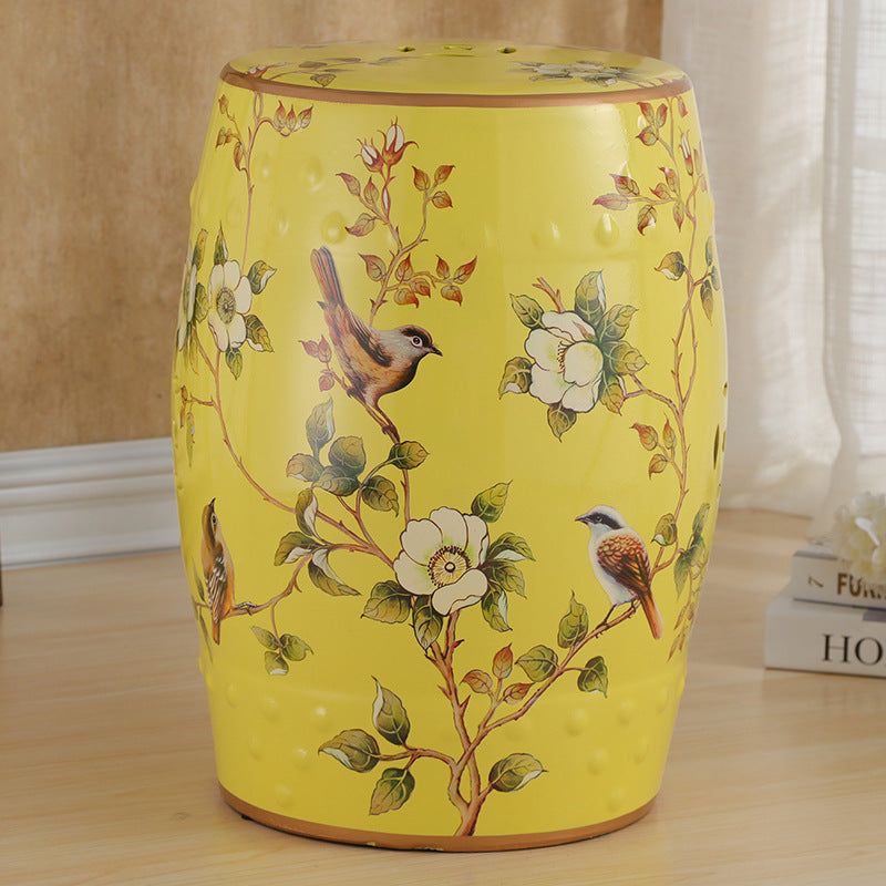 European Ceramic Hand-Painted Bird Flower Drum Footstool — Leaf - Blue