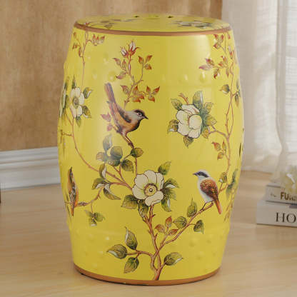 European Ceramic Hand-Painted Bird Flower Drum Footstool — Leaf - Blue