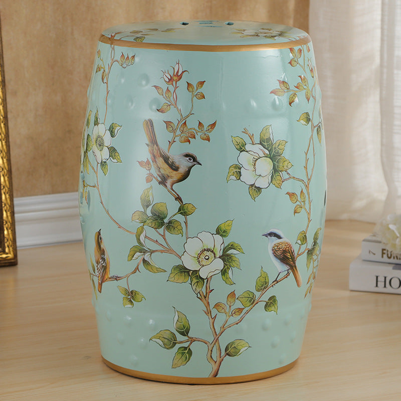 European Ceramic Hand-Painted Bird Flower Drum Footstool — Leaf - Yellow
