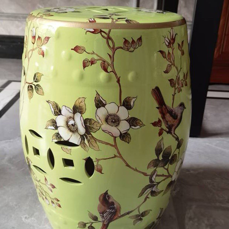 European Ceramic Hand-Painted Bird Flower Drum Footstool — Flower & Butterfly - Gray