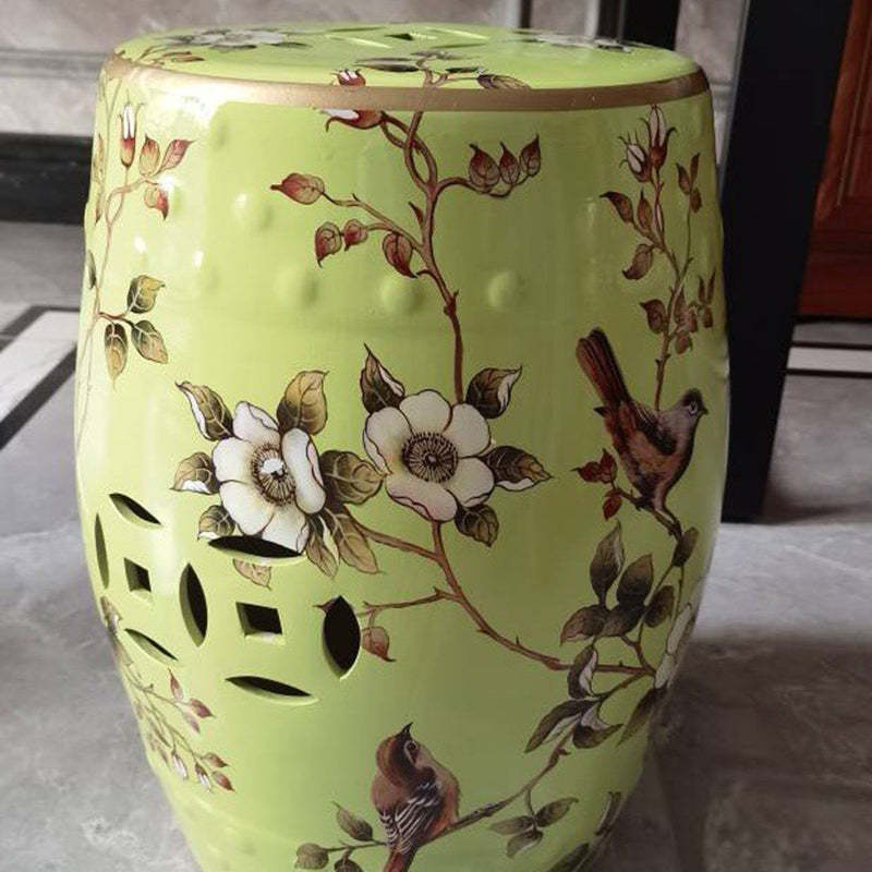 European Ceramic Hand-Painted Bird Flower Drum Footstool — Flower & Butterfly - Gray
