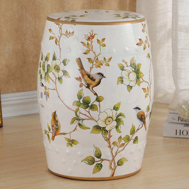 European Ceramic Hand-Painted Bird Flower Drum Footstool — Camellia & Bird - White