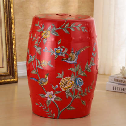 European Ceramic Hand-Painted Bird Flower Drum Footstool — Leaf - White