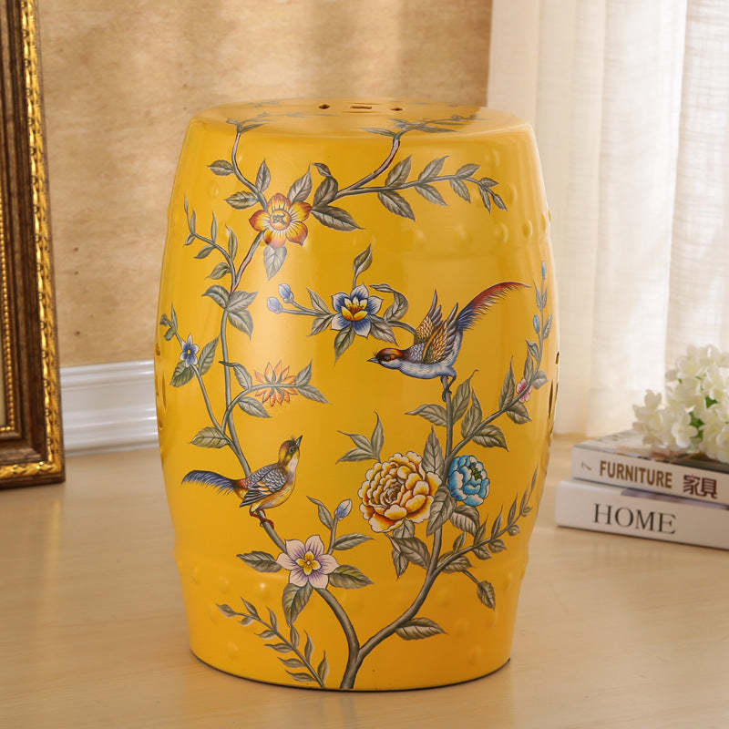 European Ceramic Hand-Painted Bird Flower Drum Footstool — Leaf - Blue Green