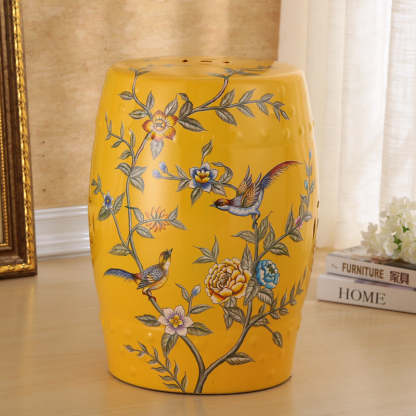 European Ceramic Hand-Painted Bird Flower Drum Footstool — Leaf - Blue Green