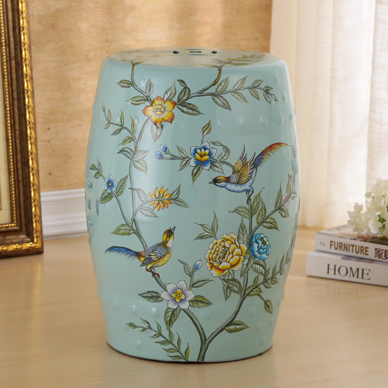 European Ceramic Hand-Painted Bird Flower Drum Footstool — Flower & Bird - Green