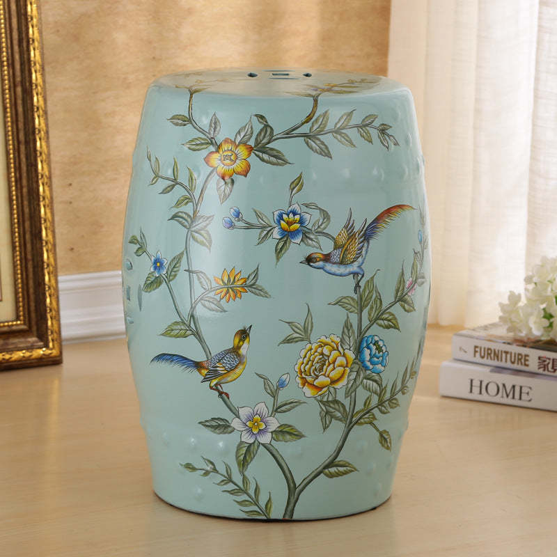European Ceramic Hand-Painted Bird Flower Drum Footstool — Flower & Bird - Green