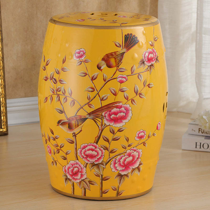 European Ceramic Hand-Painted Bird Flower Drum Footstool — Flower & Bird - Silver