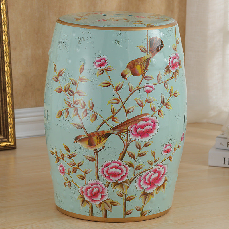 European Ceramic Hand-Painted Bird Flower Drum Footstool — Flower & Bird - Gray