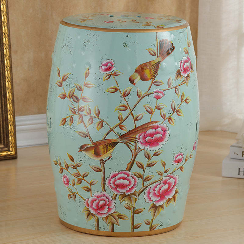 European Ceramic Hand-Painted Bird Flower Drum Footstool — Flower & Bird - Gray