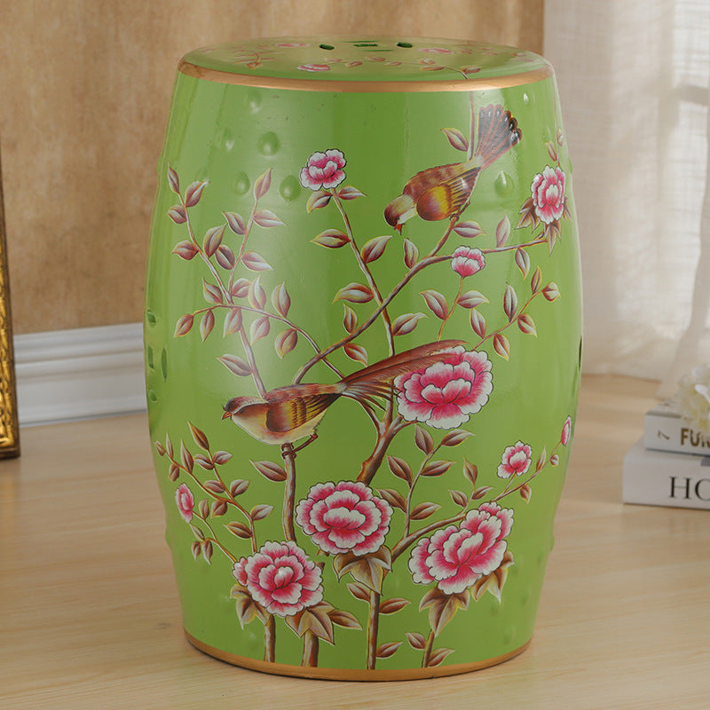 European Ceramic Hand-Painted Bird Flower Drum Footstool — True White