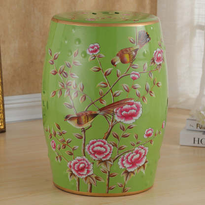 European Ceramic Hand-Painted Bird Flower Drum Footstool — True White
