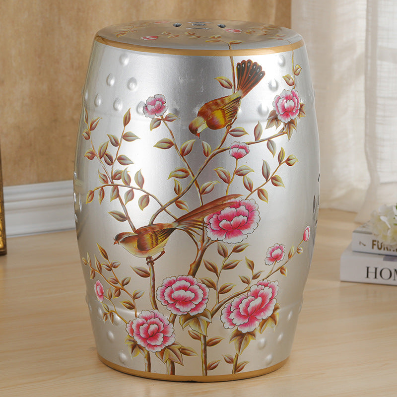 European Ceramic Hand-Painted Bird Flower Drum Footstool