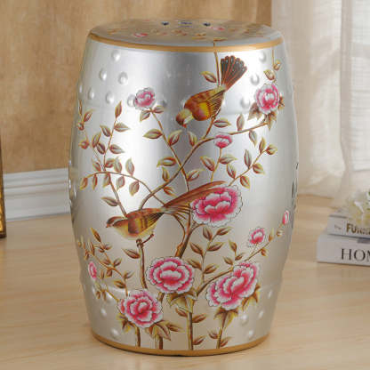 European Ceramic Hand-Painted Bird Flower Drum Footstool