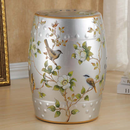 European Ceramic Hand-Painted Bird Flower Drum Footstool