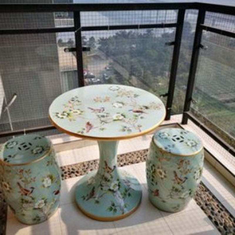 European Ceramic Hand-Painted Bird Flower Drum Footstool — Camellia & Bird - Silver