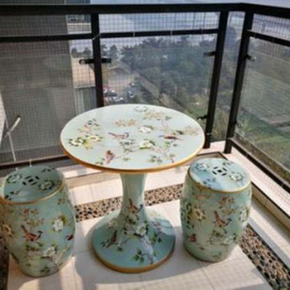European Ceramic Hand-Painted Bird Flower Drum Footstool — Camellia & Bird - Silver