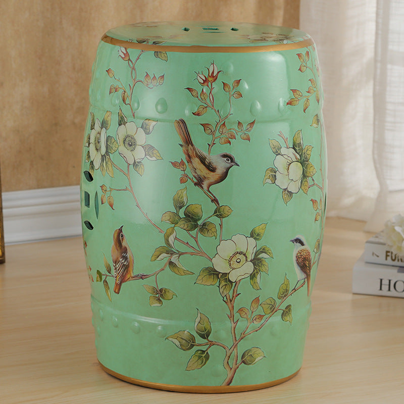 European Ceramic Hand-Painted Bird Flower Drum Footstool — Camellia & Bird - Red