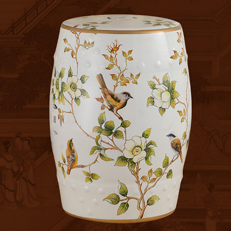 European Ceramic Hand-Painted Bird Flower Drum Footstool