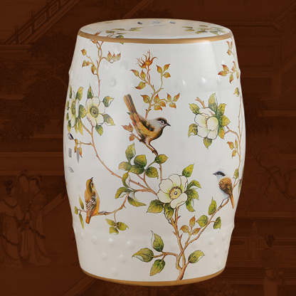 European Ceramic Hand-Painted Bird Flower Drum Footstool