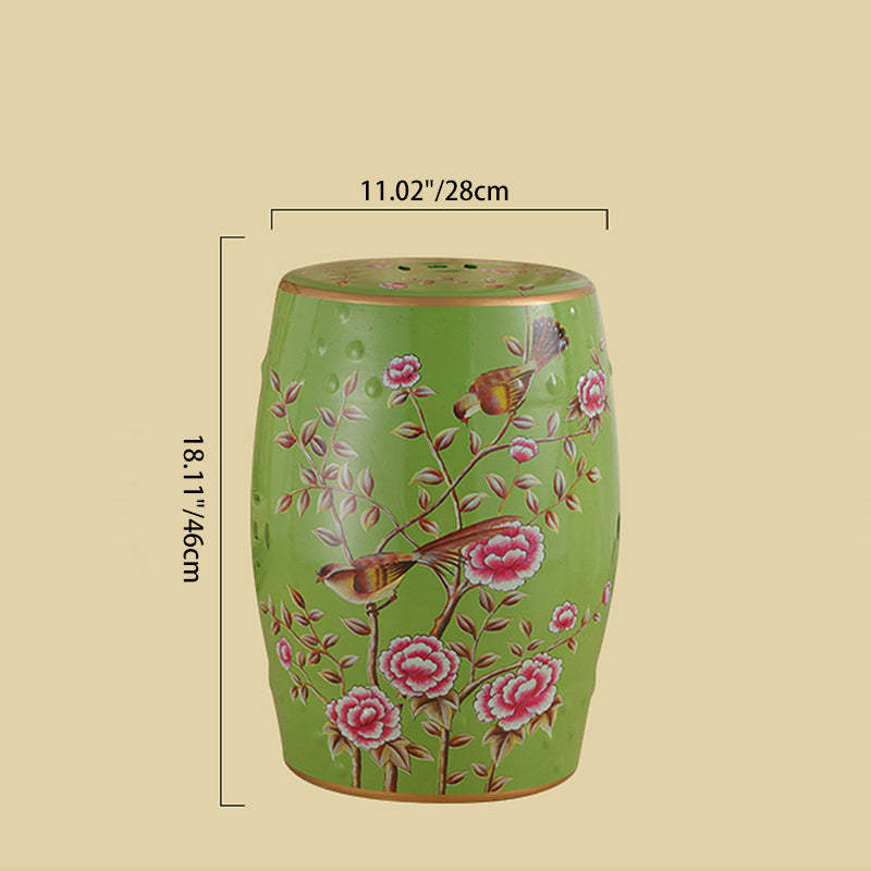 European Ceramic Hand-Painted Bird Flower Drum Footstool — Flower & Butterfly - Green