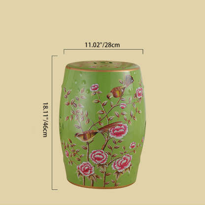 European Ceramic Hand-Painted Bird Flower Drum Footstool — Flower & Butterfly - Green