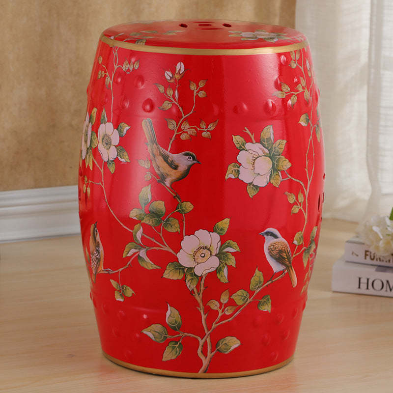 European Ceramic Hand-Painted Bird Flower Drum Footstool — Camellia & Bird - Light Yellow