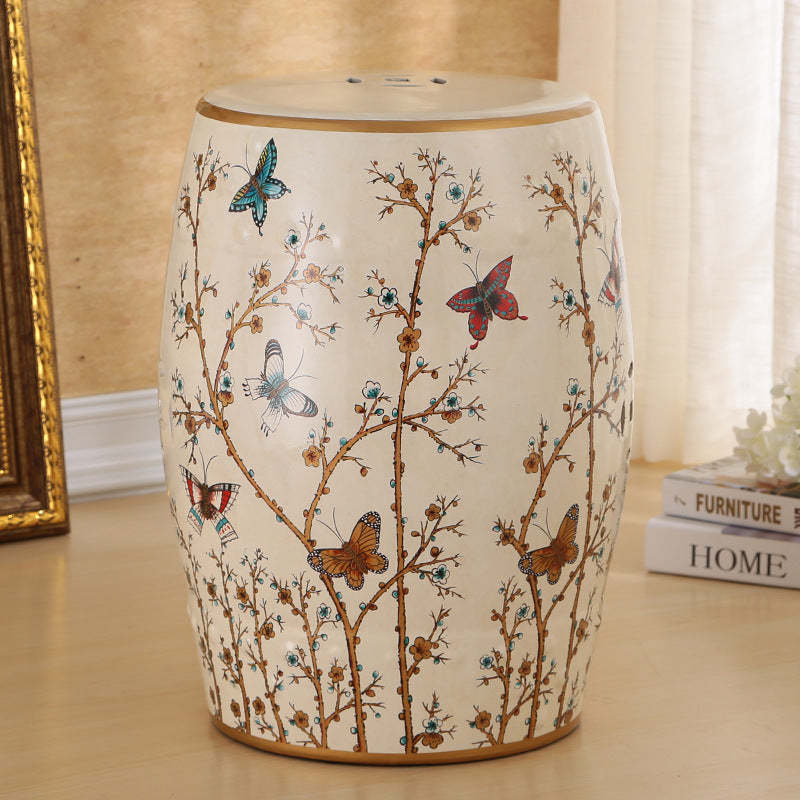European Ceramic Hand-Painted Bird Flower Drum Footstool — Camellia & Bird - Antique Green
