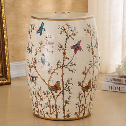 European Ceramic Hand-Painted Bird Flower Drum Footstool — Camellia & Bird - Antique Green
