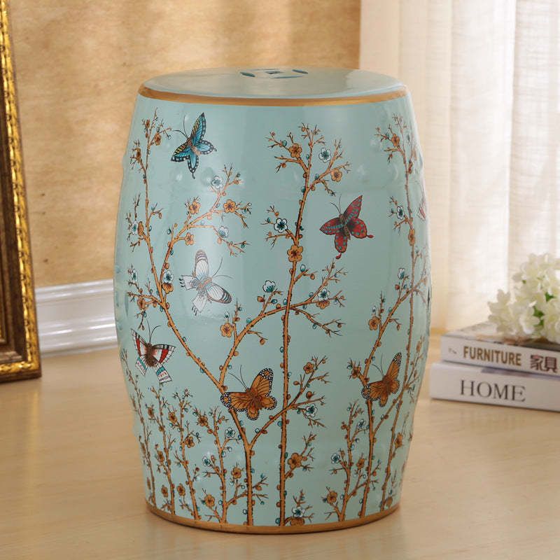 European Ceramic Hand-Painted Bird Flower Drum Footstool — Camellia & Bird - Light Green
