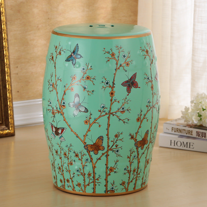 European Ceramic Hand-Painted Bird Flower Drum Footstool — Flower & Butterfly - White