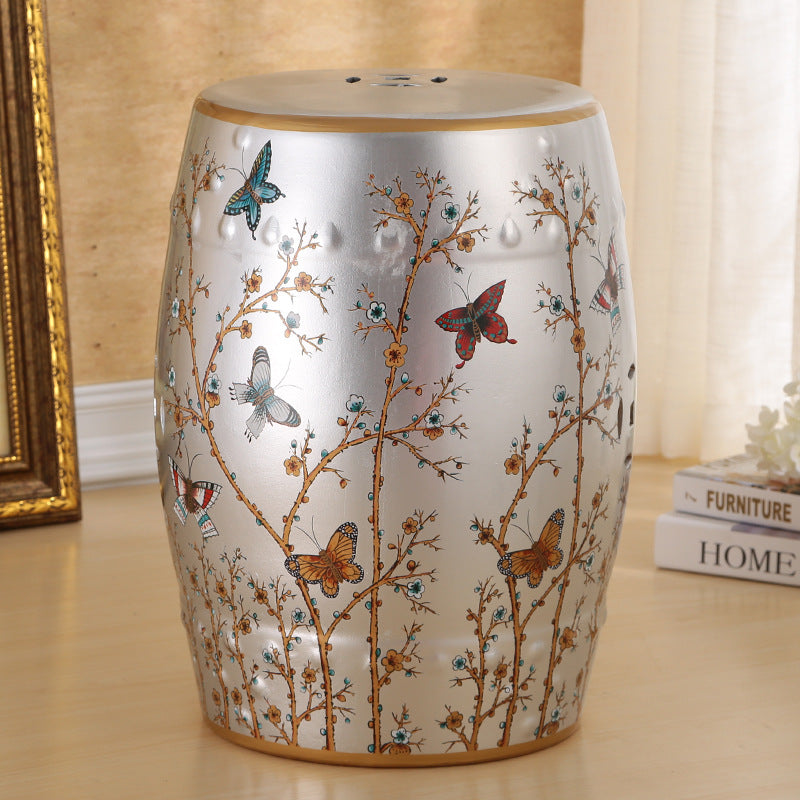 European Ceramic Hand-Painted Bird Flower Drum Footstool — Flower & Butterfly - Silver