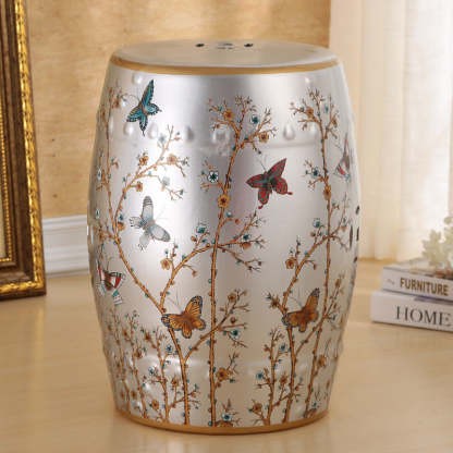 European Ceramic Hand-Painted Bird Flower Drum Footstool — Flower & Butterfly - Silver