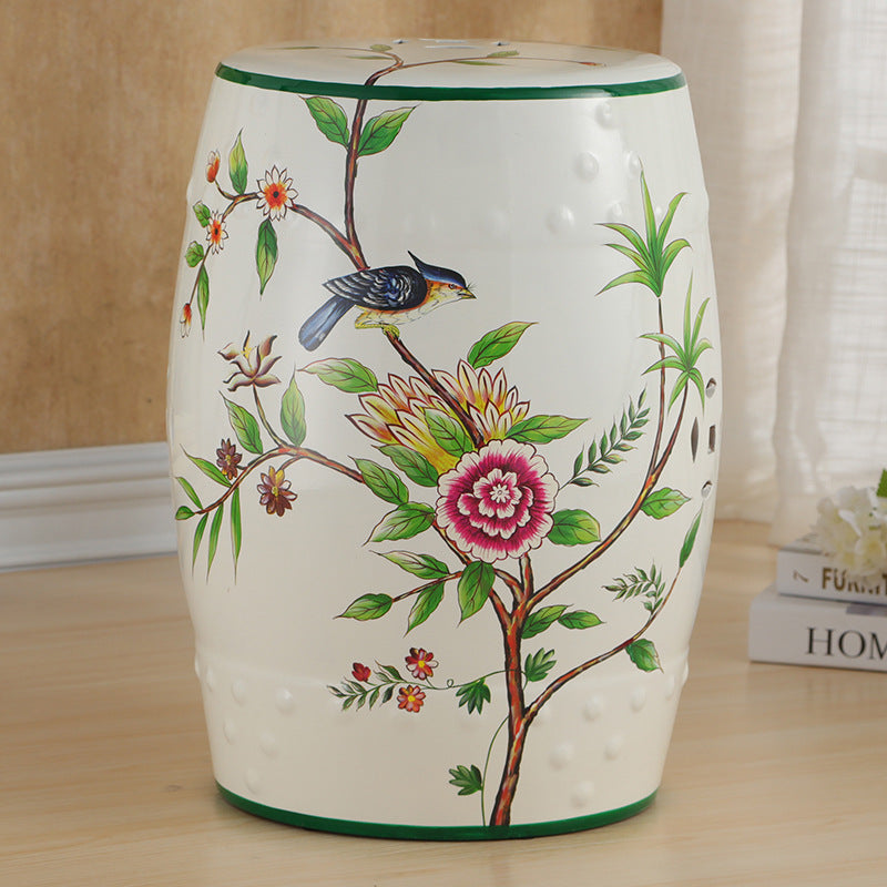 European Ceramic Hand-Painted Bird Flower Drum Footstool — Magpie - Yellow