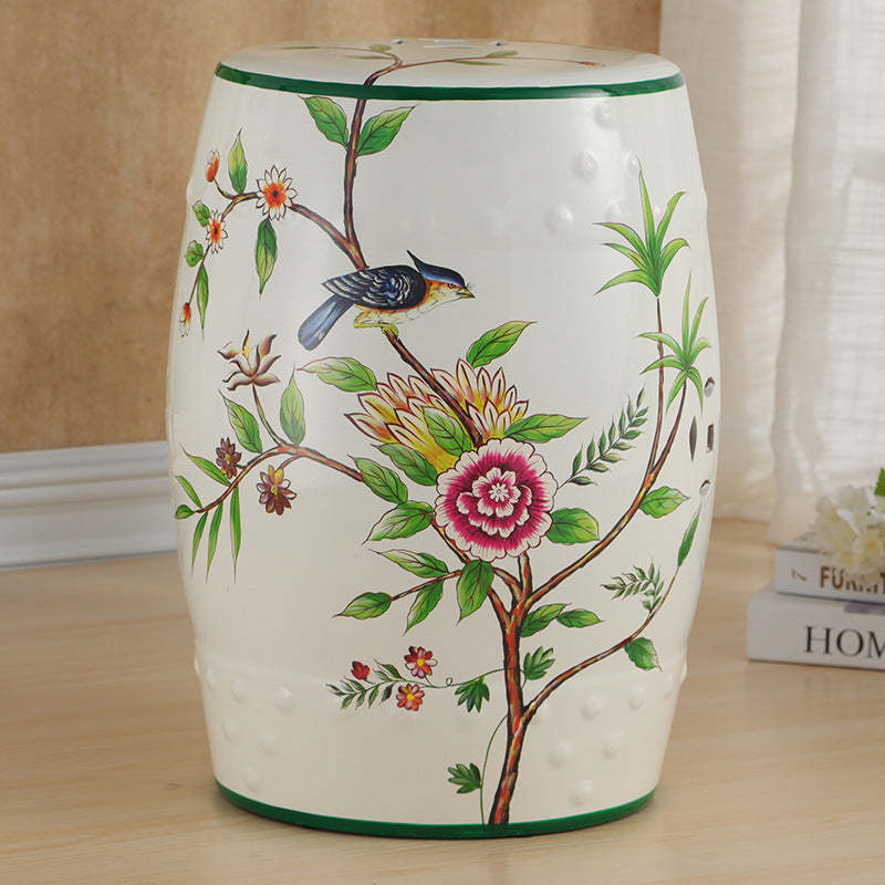 European Ceramic Hand-Painted Bird Flower Drum Footstool — Magpie - Yellow