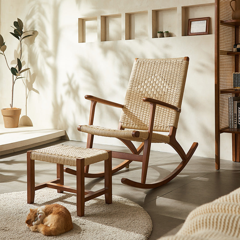 Japanese Ash Wood Rattan Rocking Recliner with Footstool