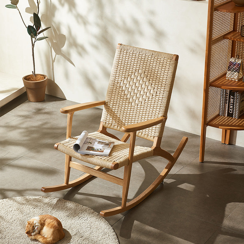 Japanese Ash Wood Rattan Rocking Recliner with Footstool — Rocking Chair / Walnut