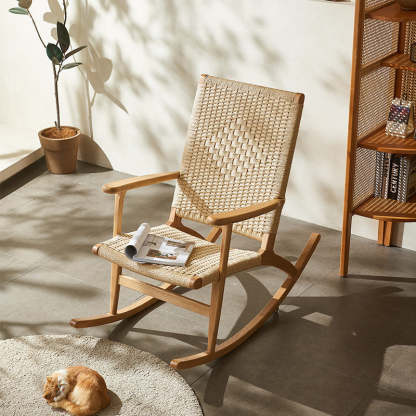 Japanese Ash Wood Rattan Rocking Recliner with Footstool — Rocking Chair / Walnut