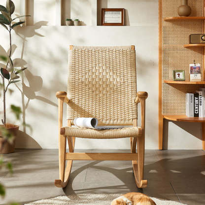Japanese Ash Wood Rattan Rocking Recliner with Footstool — Rocking Chair / Wood Color