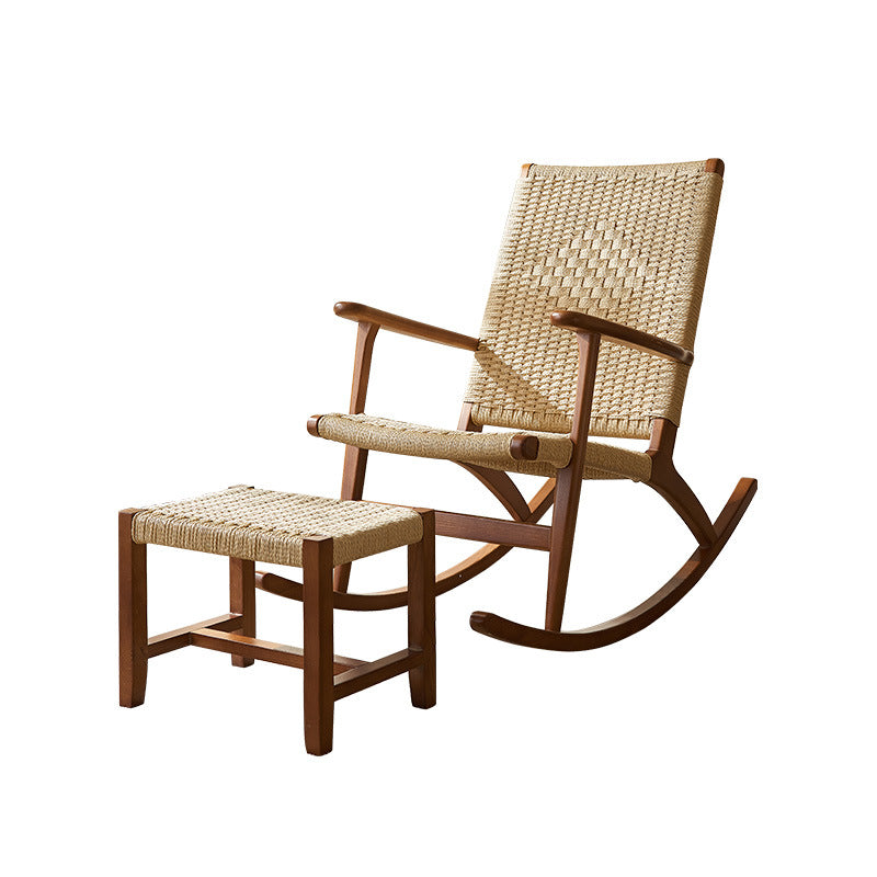 Japanese Ash Wood Rattan Rocking Recliner with Footstool
