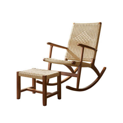 Japanese Ash Wood Rattan Rocking Recliner with Footstool
