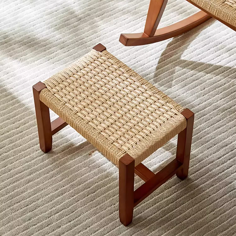 Japanese Ash Wood Rattan Rocking Recliner with Footstool — Footrest / Red Oak Color