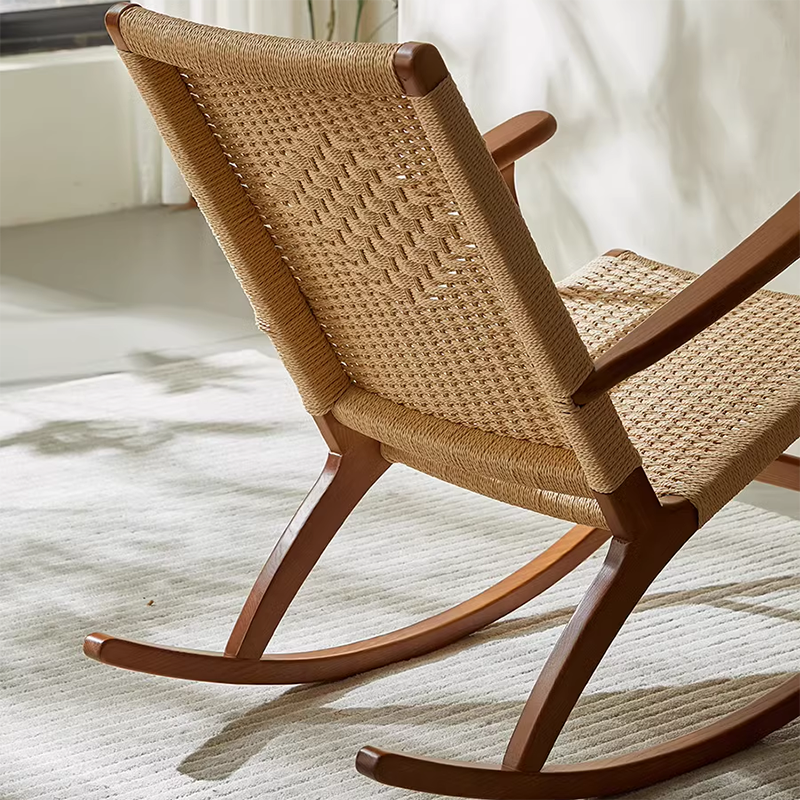 Japanese Ash Wood Rattan Rocking Recliner with Footstool