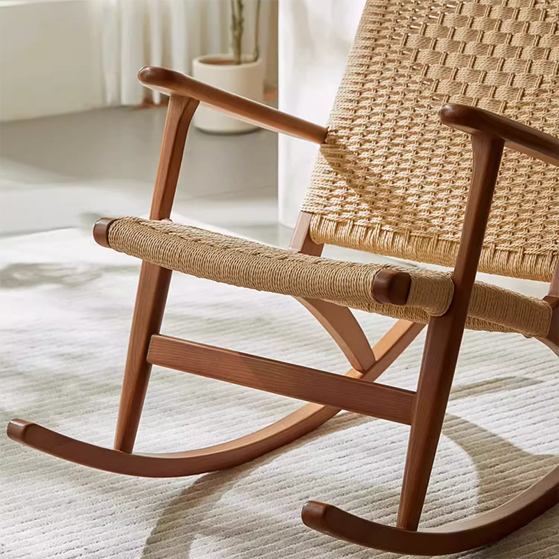 Japanese Ash Wood Rattan Rocking Recliner with Footstool — Rocking Chair + Footrest / Wood Color