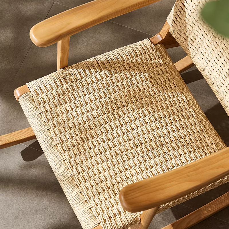 Japanese Ash Wood Rattan Rocking Recliner with Footstool — Rocking Chair + Footrest / Walnut