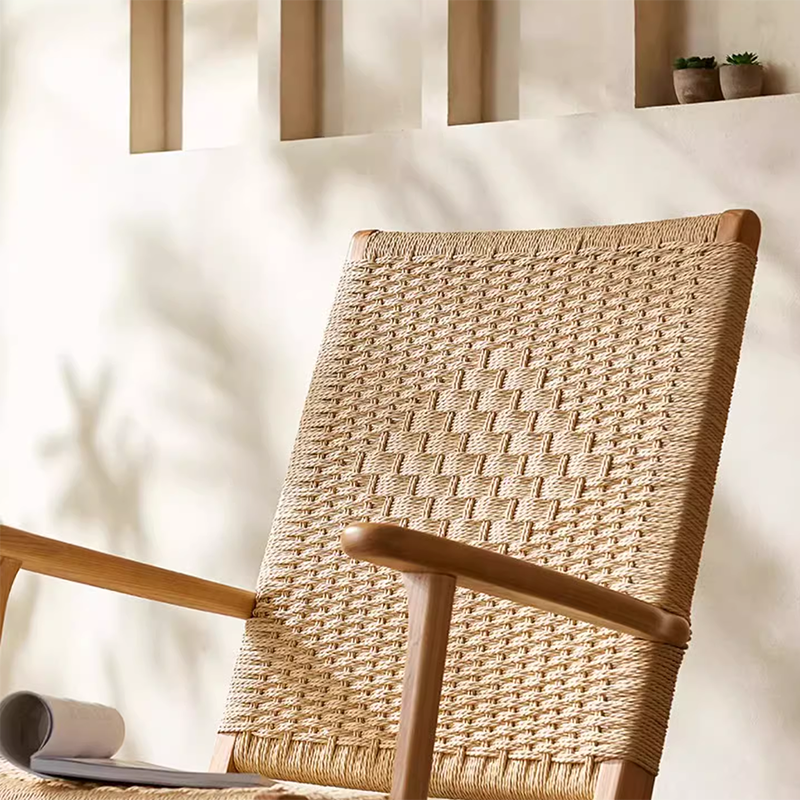 Japanese Ash Wood Rattan Rocking Recliner with Footstool