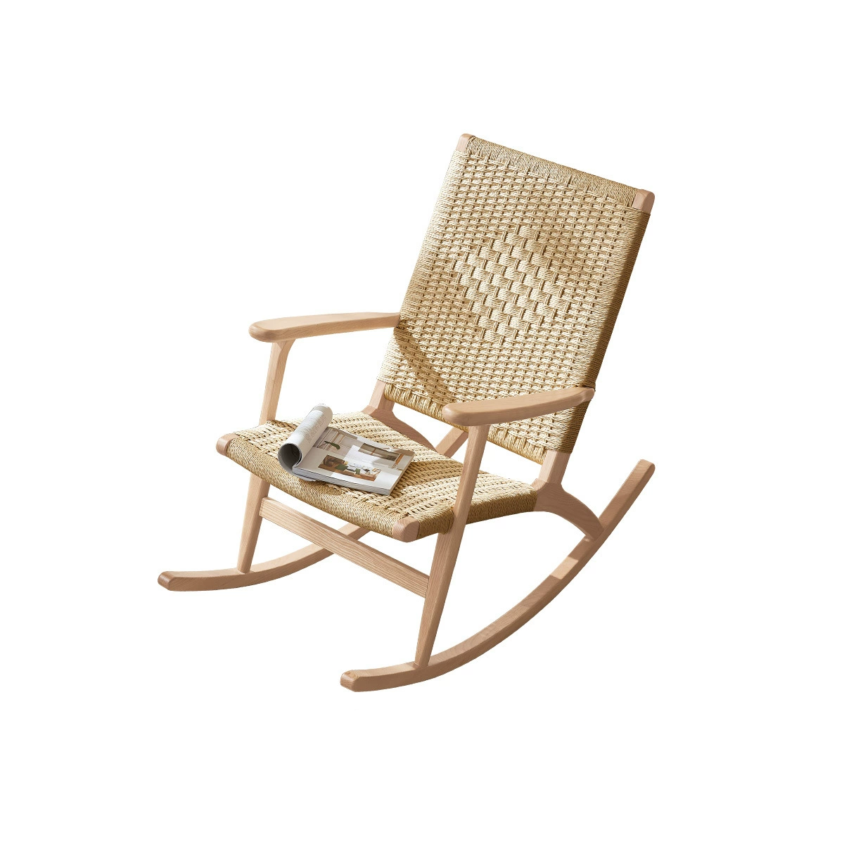 Japanese Ash Wood Rattan Rocking Recliner with Footstool