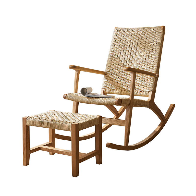 Japanese Ash Wood Rattan Rocking Recliner with Footstool