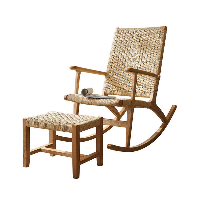 Japanese Ash Wood Rattan Rocking Recliner with Footstool
