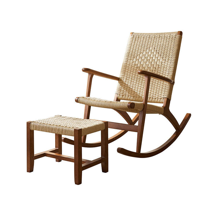Japanese Ash Wood Rattan Rocking Recliner with Footstool — Footrest / Walnut